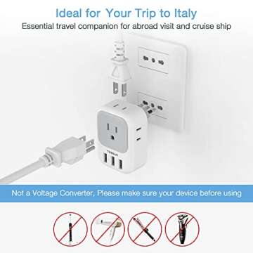 TESSAN Italy Travel Plug Adapter, US to Italian Power Adaptor with 4 Outlets and 3 USB Ports, Type L Travel Converter for USA to Chile Rome Uruguay Florence Venice Milan Santiago Libya