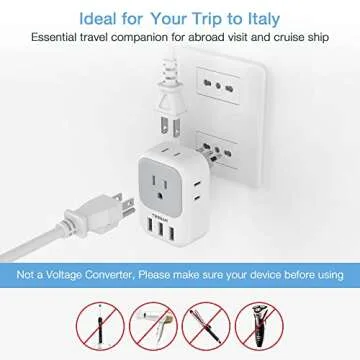 TESSAN Italy Travel Plug Adapter, US to Italian Power Adaptor with 4 Outlets and 3 USB Ports, Type L Travel Converter for USA to Chile Rome Uruguay Florence Venice Milan Santiago Libya