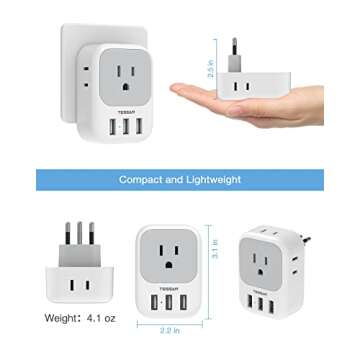 TESSAN Italy Travel Plug Adapter, US to Italian Power Adaptor with 4 Outlets and 3 USB Ports, Type L Travel Converter for USA to Chile Rome Uruguay Florence Venice Milan Santiago Libya