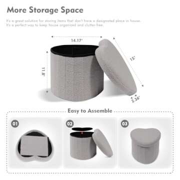 B FSOBEIIALEO Storage Ottoman Cube, Heart Shaped Ottomans with Storage Foot Stool Footrest for Lving Room, Boucle Ottoman Seat for Dorm Room,Faux Teddy Fur, Grey 15"x15"x15"