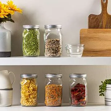 [6 Pack] 32 oz. Wide-Mouth Glass Mason Jars with Metal Airtight Lids and Bands 1 quart Large for Canning, Preserving, & Meal Prep