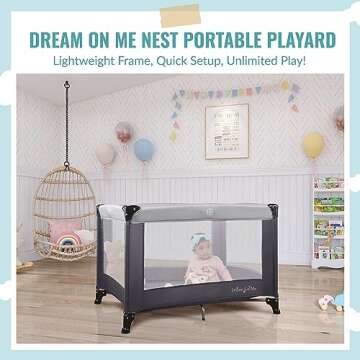 Dream On Me Nest Portable Playard in Grey with Carrybag an Shoulder Strap, Lightweight, Packable and...