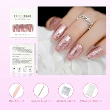 CoolNail Shiny Rose Gold Fake False Nails Coffin Ballerina Nail Tips Shining Sugar Glitter Deco Summer Salon Press on Nail Art Tip