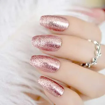 CoolNail Shiny Rose Gold Fake False Nails Coffin Ballerina Nail Tips Shining Sugar Glitter Deco Summer Salon Press on Nail Art Tip