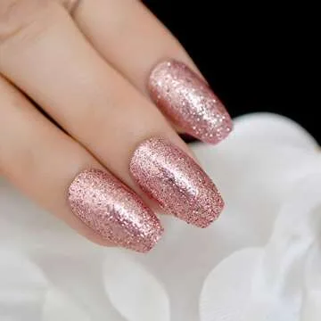 CoolNail Shiny Rose Gold Fake False Nails Coffin Ballerina Nail Tips Shining Sugar Glitter Deco Summer Salon Press on Nail Art Tip