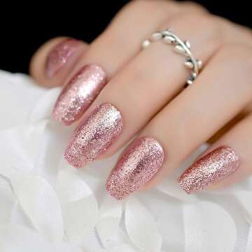 CoolNail Shiny Rose Gold Fake False Nails Coffin Ballerina Nail Tips Shining Sugar Glitter Deco Summer Salon Press on Nail Art Tip