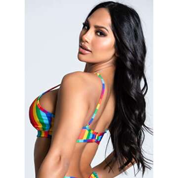 Yandy Striped Rainbow Bikini Top, Squared Neckline, Open Underbust Band - Small
