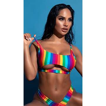 Yandy Striped Rainbow Bikini Top, Squared Neckline, Open Underbust Band - Small