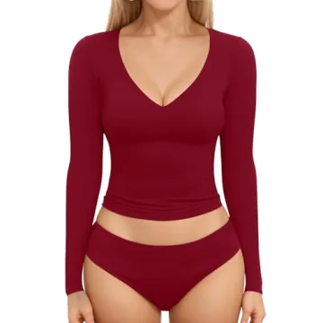 MANGOPOP Long Sleeve T Shirts for Women V Neck Double Lined Tee Shirt Y2K Tops, Burgundy, XL