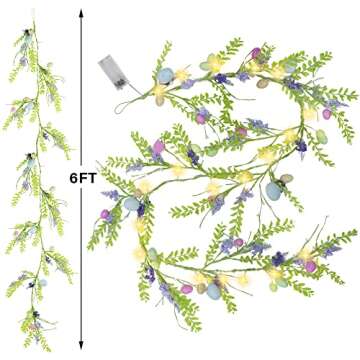DR.DUDU 6 FT Easter Garland, Lighted Artificial Garlands with Egg, 20 LED Lights Spring Floral Garla...