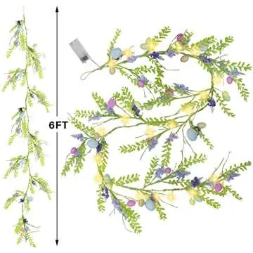 DR.DUDU 6 FT Easter Garland, Lighted Artificial Garlands with Egg, 20 LED Lights Spring Floral Garla...