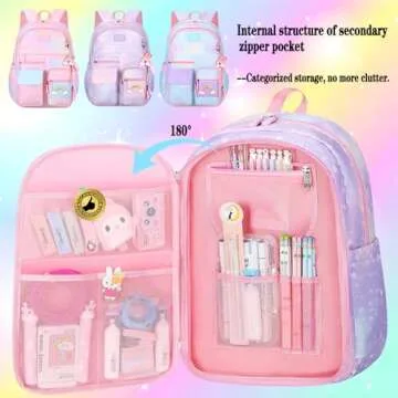 Jcobvig Kawaii Backpack For Girls Kids,Cute Student School Backpack With Pen Bag,Purple Aesthetic Starry Rainbow Laptop Travel Bag (Purple Medium 16.5in