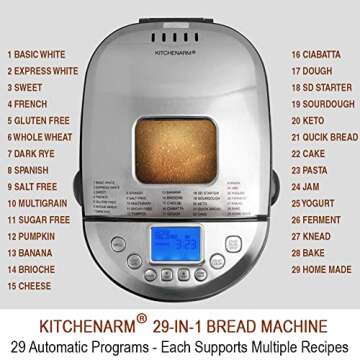 KITCHENARM 29-in-1 SMART Bread Machine with Gluten Free Setting 2LB 1.5LB 1LB Bread Maker Machine wi...