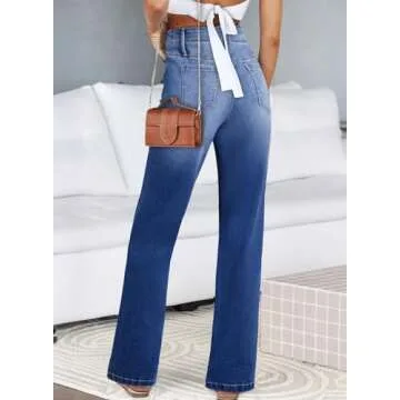 Astylish Wide Leg Jeans for Women High Waisted Straight Leg Denim Pants Casual Jean Stretch Trousers Light Blue Size 10