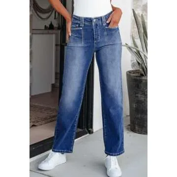 Astylish Wide Leg Jeans for Women High Waisted Straight Leg Denim Pants Casual Jean Stretch Trousers Light Blue Size 10