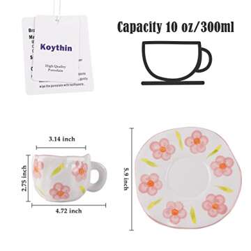 Koythin Ceramic Coffee Mug, Cute Pink Flowers Cup with Saucer for Office and Home, Dishwasher and Mi...
