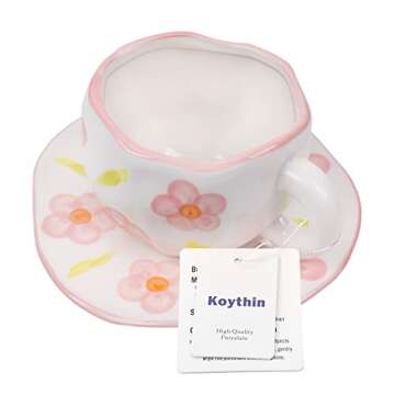 Koythin Ceramic Coffee Mug, Cute Pink Flowers Cup with Saucer for Office and Home, Dishwasher and Microwave Safe, 10 oz/300 ml for Latte Tea Milk (Pink Flowers)