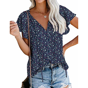 Womens Short Sleeve Tops and Blouses Floral V Neck Shirt Elegant Summer Clothes (Navy Blue,S)