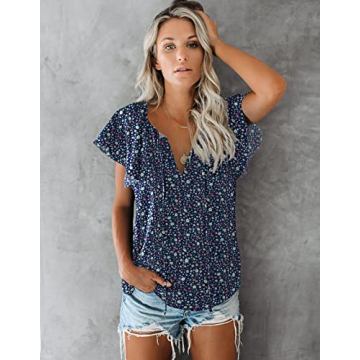 Floral V Neck Women's Short Sleeve Blouse for Summer