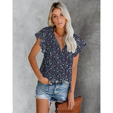 Floral V Neck Women's Short Sleeve Blouse for Summer
