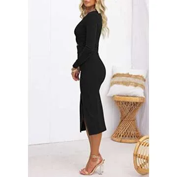 Pink Queen Women's Crew Neck Long Sleeve Midi Dress Cutout Twist Ruched Party Cocktail Bodycon Slit Knit Dresses Black M