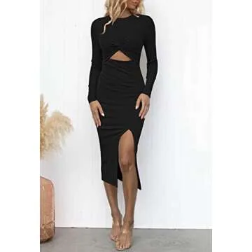 Pink Queen Women's Crew Neck Long Sleeve Midi Dress Cutout Twist Ruched Party Cocktail Bodycon Slit Knit Dresses Black M