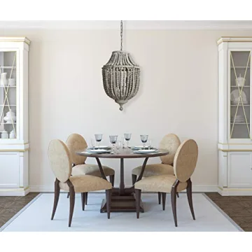 Round Wood Beaded Chandelier Rustic Bohemian Lighting