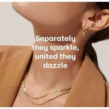 Hey Harper Gold Layered Herringbone Necklace For Women Nassau Set - Waterproof Sweatproof Non Tarnish Jewerly Gift for Women - 14K PVD Layered Stainless Steel Necklace Perfect for Everyday Wear