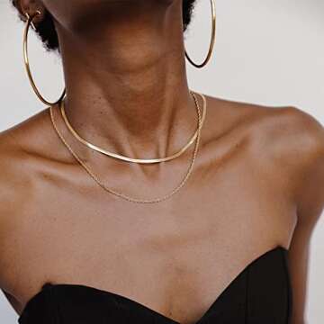 Hey Harper Gold Layered Herringbone Necklace For Women Nassau Set - Waterproof Sweatproof Non Tarnish Jewerly Gift for Women - 14K PVD Layered Stainless Steel Necklace Perfect for Everyday Wear