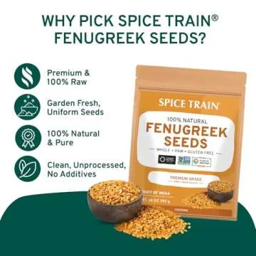 SPICE TRAIN Fenugreek Seeds (14oz) ALL NATURAL Fenugreek - Indian Origin Whole Methi Seeds (Trigonella Foenum Graecum) Fenogreco En Semillas | Resealable Ziplock Pouch