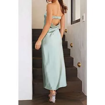 MEROKEETY Women Strapless Satin Tube Bodycon Dress Backless Cutout Cocktail Party Maxi Dress Sage Medium