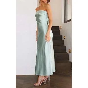 MEROKEETY Women Strapless Satin Tube Bodycon Dress Backless Cutout Cocktail Party Maxi Dress Sage Medium