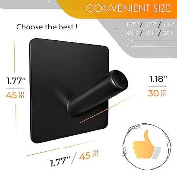SAYONEYES Matte Black Self Adhesive Towel Hooks for Bathroom Wall Door Mounted - SUS304 Stainless Steel Strong Strips Stick on 3M Wall Hooks for Hanging Coat, Hat, Bag, Key, Jacket – 4 Pack