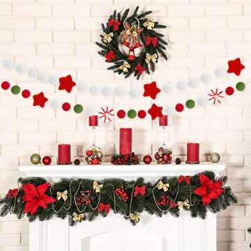 Tatuo 3 Pieces Christmas Felt Ball Garland Felt Banner Felt Ball Garland Candy Pom Pom Garland 1 Inch (2.5 cm) Wool Felt Balls Banner for Christmas Holiday Party Home Wall Decoration, White and Red