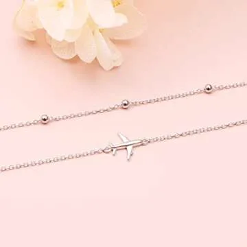 Yearace Airplane Jelwery S925 Sterling Silver Airplane Anklet for Women Jelwery for Stewardess Flight Attendants Pilots World Travel Flight Jewelry Best Mothers Day