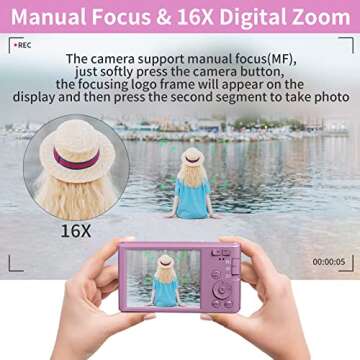 Saneen Digital Camera for Photography, 4K Vlogging Camera for YouTube, 48MP 16X Digital Zoom 2.8” Point and Shoot Camera for Kids, Teens, Beginners, with 32GB SD Card & 2 Rechargeable Batteries -Pink