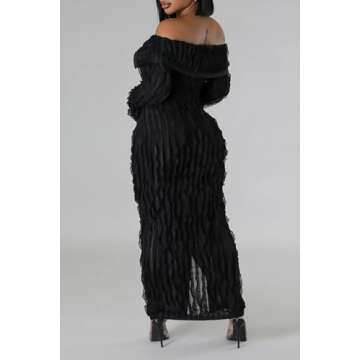 Yuopeid Front Slit Mesh Wavy Ruffle Bodycon Dress for Women Off Shoulder Long Sleeve Beach Party Max...