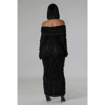 Yuopeid Front Slit Mesh Wavy Ruffle Bodycon Dress for Women Off Shoulder Long Sleeve Beach Party Maxi Dress Black XXL