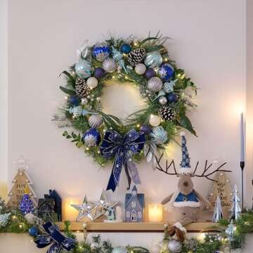 Valery Madelyn 30 Inch Pre-Lit Christmas Wreath for Front Door with Lights, Large Lighted Christmas Wreath with Silver Blue Xmas Ball for Fireplace Window Outdoor Table Centerpiece Holiday Decoration