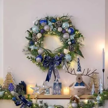 Valery Madelyn 30 Inch Pre-Lit Christmas Wreath for Front Door with Lights, Large Lighted Christmas Wreath with Silver Blue Xmas Ball for Fireplace Window Outdoor Table Centerpiece Holiday Decoration