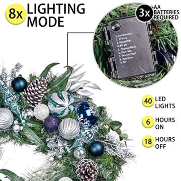 Valery Madelyn 30 Inch Pre-Lit Christmas Wreath for Front Door with Lights, Large Lighted Christmas Wreath with Silver Blue Xmas Ball for Fireplace Window Outdoor Table Centerpiece Holiday Decoration