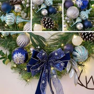 Valery Madelyn 30 Inch Pre-Lit Christmas Wreath for Front Door with Lights, Large Lighted Christmas Wreath with Silver Blue Xmas Ball for Fireplace Window Outdoor Table Centerpiece Holiday Decoration