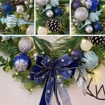 Valery Madelyn 30 Inch Pre-Lit Christmas Wreath for Front Door with Lights, Large Lighted Christmas Wreath with Silver Blue Xmas Ball for Fireplace Window Outdoor Table Centerpiece Holiday Decoration