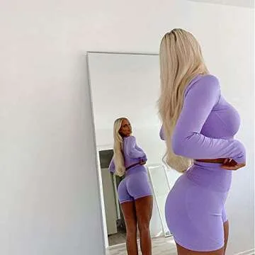 Yoga Outfits for Women 2 Piece Workout Sets Seamless Athletic Long Sleeves Crop Tops Shirt Thumb Hole and High Waist Tummy Control Leggings Biker Shorts Sets Gym Clothes Z-Purple(Long Sleeve) Medium