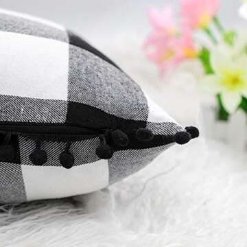 4TH Emotion Set of 2 Fall Farmhouse Buffalo Check Plaid Throw Pillow Covers with Pompoms Cushion Case Polyester for Sofa Black and White, 18 x 18 Inches