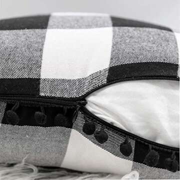 4TH Emotion Set of 2 Fall Farmhouse Buffalo Check Plaid Throw Pillow Covers with Pompoms Cushion Case Polyester for Sofa Black and White, 18 x 18 Inches