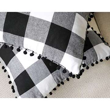 4TH Emotion Set of 2 Fall Farmhouse Buffalo Check Plaid Throw Pillow Covers with Pompoms Cushion Case Polyester for Sofa Black and White, 18 x 18 Inches