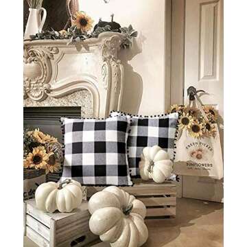 4TH Emotion Set of 2 Fall Farmhouse Buffalo Check Plaid Throw Pillow Covers with Pompoms Cushion Case Polyester for Sofa Black and White, 18 x 18 Inches