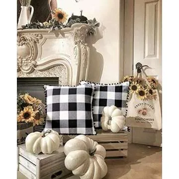 4TH Emotion Set of 2 Fall Farmhouse Buffalo Check Plaid Throw Pillow Covers with Pompoms Cushion Case Polyester for Sofa Black and White, 18 x 18 Inches