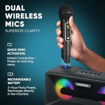 MASINGO Karaoke Machine for Adults and Kids with 2 Wireless Microphones, Portable Bluetooth Singing Speaker, Colorful LED Lights, PA System, Lyrics Display Phone Holder, and TV Cable. Presto G2 Black